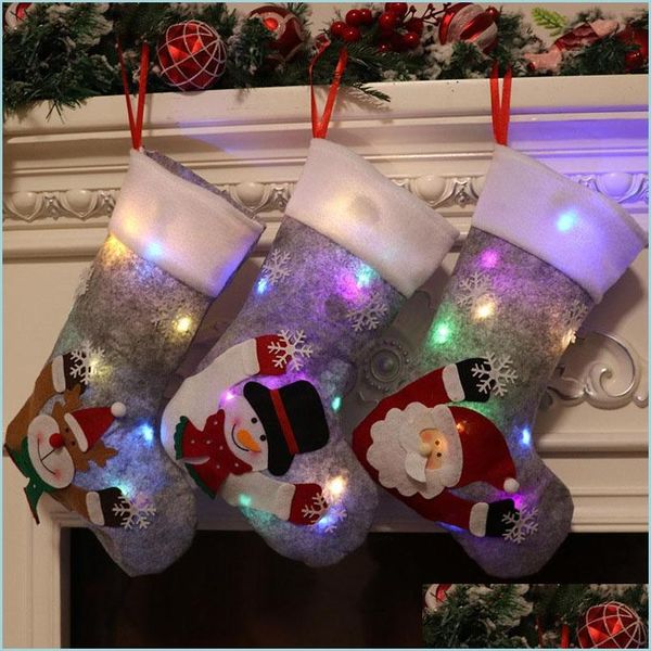 Decorazioni natalizie Borsa regalo calza luminosa Grigio con luci Vigilia Decorazione d'interni Ciondolo Consegna goccia Giardino domestico Festivo Dhpch