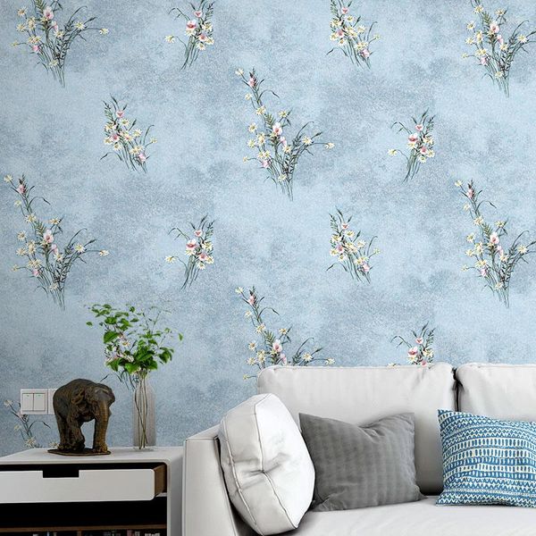 Tapeten, Retro-amerikanische Landhaus-Tapete, Vliesstoff, Wandverkleidung für Schlafzimmer, moderner Vintage-Stil, blauer Blumengarten