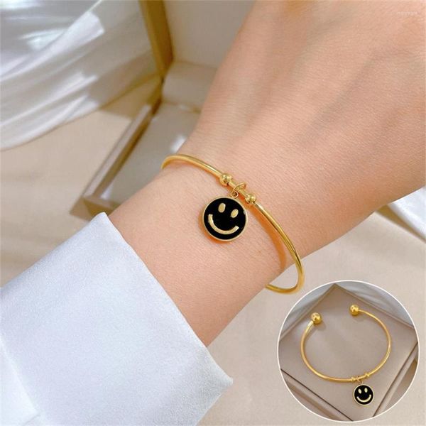 Bangle Simple Happy Face Bracciale Braccialetti per donna Acciaio inossidabile Gioielli di design di lusso Vintage Double Ball Pulseras Mujer