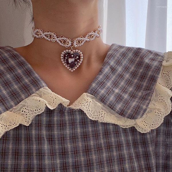 Подвесные ожерелья красочные L французский стиль ретро искусственный жемчужный плетенный слой клавикулярной цепи материал сплав сплавного сердца для женщин