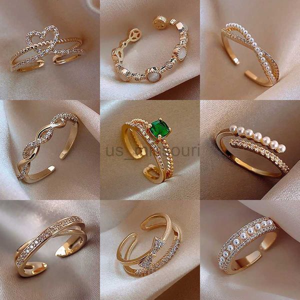 Anelli a fascia LATS Luxury Gold Color Pearl Zircon Anelli per donna 2021 Vintage Sexy Open Ring Party Joint Ring Fashion Elegant Jewelry Gifts J230531