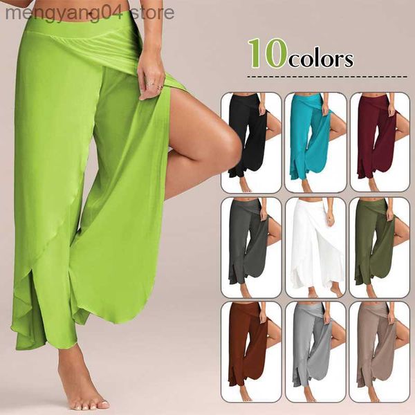 Calças femininas Capris Summer Mulheres Slit Slit Fared Palazzo calças de perna larga Pontas de chiffon Split calças soltas casuais