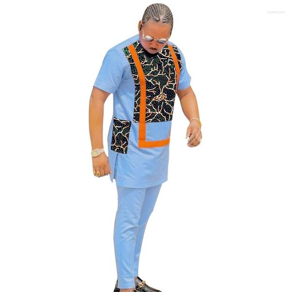 Ethnische Kleidung Sommer Kurzarm Herren Sets Tailor Design Bräutigam Anzüge Patchwork Hemd mit Soild Hose Nigerianische Modekleidung