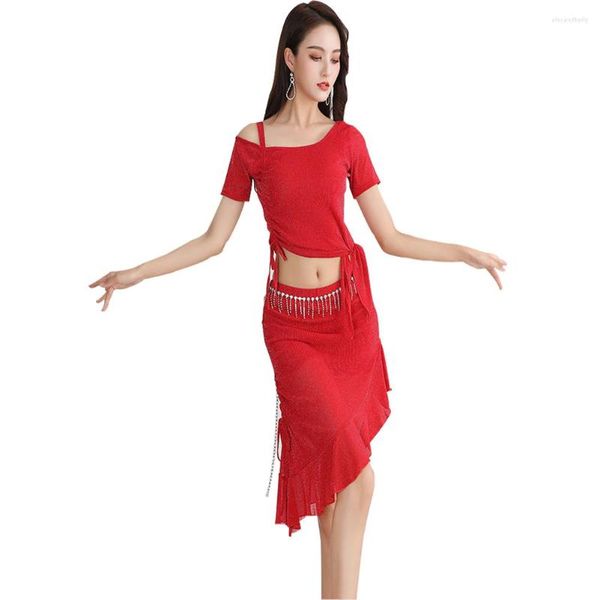 Abbigliamento da palcoscenico Set di costumi di danza del ventre per donne che ballano abbigliamento da ginnastica Top gonna corta 2 pezzi vestito orientale
