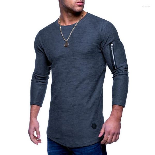 T-shirt da uomo Fashion Brand 2023 T-shirt elastica da uomo Solid O-Collo manica lunga T-shirt Slim da uomo a maniche lunghe con cerniera