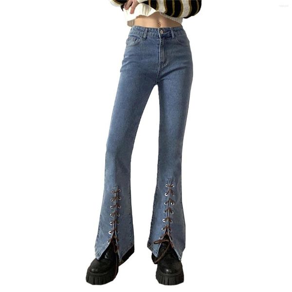 Damen-Jeans, Stretch-Schlitz, für Damen, Schnürung, schlanke Mädchen, einfarbig, Denim, Damen, Boot-Cut, Skinny-Flare-Hose, Pantalones