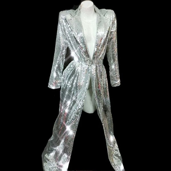 Stage Wear Cappotto con paillettes scintillanti da donna Spettacolo da DJ femminile Mantello con giacca argento Costume da performance a punto aperto