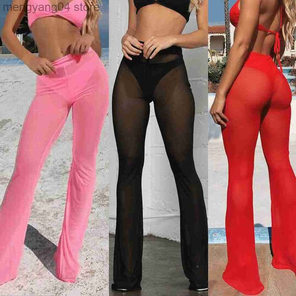 Calça feminina capris women women quente praia sexy praia transparente em malha alta cintura elástica elástica calça de perna larga calças de biquíni de tamanho grande tampa s-xl t230531