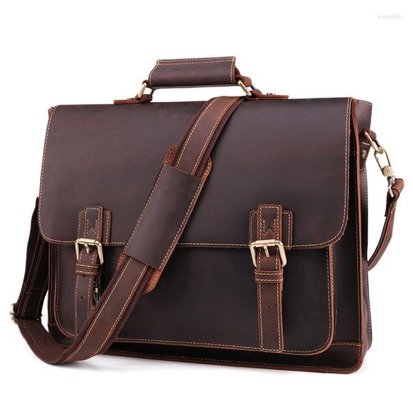 Borteiras Men Bolsas de couro genuínas pasta de couro para couro multifuncional Retro Bolsas de laptop de 15,6 polegadas