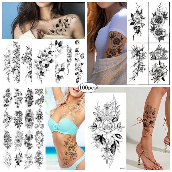 Tattoos 100pc Großhandel Blume wasserdichte temporäre Tattoo Aufkleberinnen Frau Schwarz Rose Schöne Modekunst gefälschte Tattoo Arm Brust Tattoo