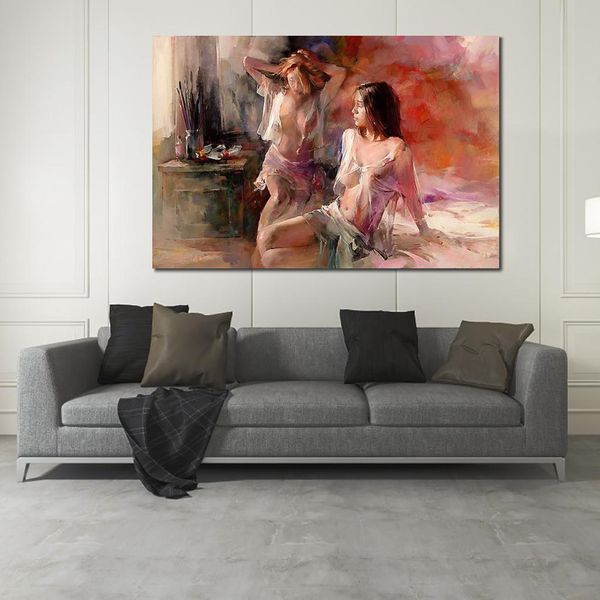 Leinwandkunst, wunderschöne zwei Modelle, handgemalt, Impressionist Willem Haenraets, Gemälde, Figur, Kunstwerk für Bürodekoration