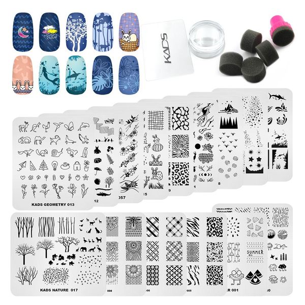 Accessoires Kads 17 PCs Nagelstempelplatten mit Gelee Set mit Gelee Clear Nagel Stamper Schwamm Stempel Stempel Werkzeug Blume Blätter Linie Halloween Weihnachtskit