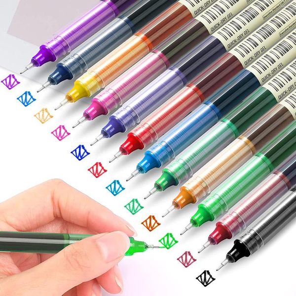 Caneta de bola rolante 12pcs variados colorir tinta de secagem rápida 0,5 mm líquido de ponto fino multicolorido para registro de diário