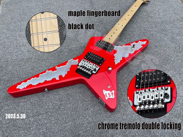 E-Gitarre, rot, verspiegelt, Schlagbrett, Ahorn, Hals und Griffbrett, schwarze Punkte, Inlay, Chromteile, Tremolo, Doppelverriegelung