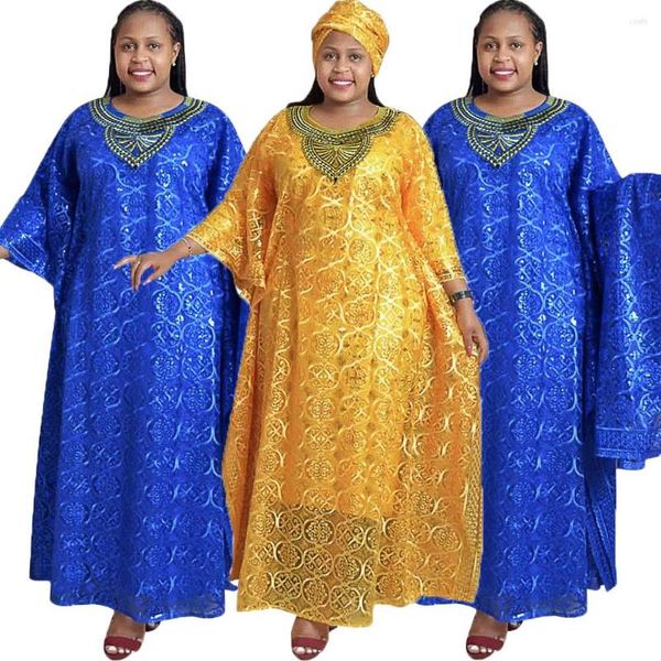 Abbigliamento etnico 2023 Moda Abiti africani per le donne Dashiki Ricamo Pizzo Abito Abaya Sciarpa interna Abito 3 pezzi Abito stile Nigeria