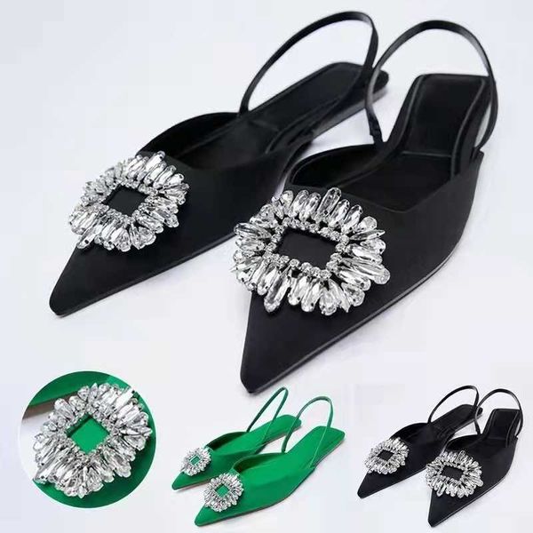 Sandálias New Women's Shoes Ponto de ponta de dedo nus Green Diamond Low Heel Back Strappy Women Sandals 230417