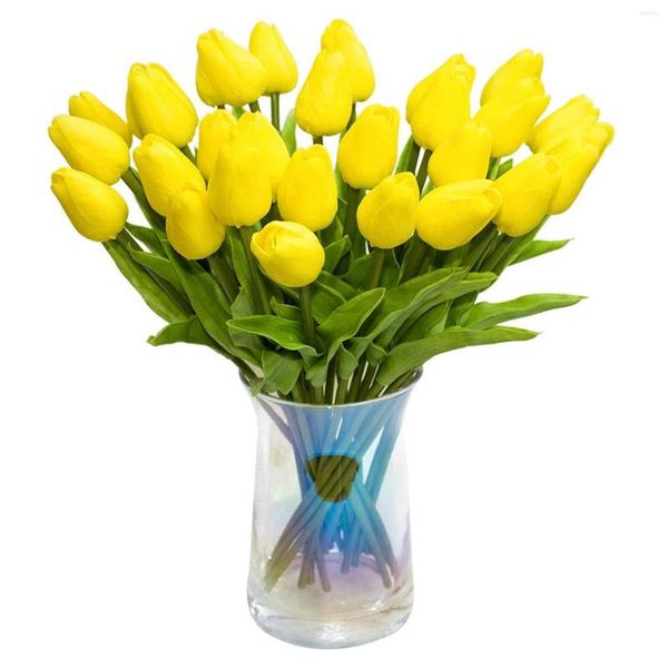 Flores decorativas 30pcs tulipas artificiais Touch real Holland Pu Tulip Bouquet Latex Flor White Tulip (amarelo)