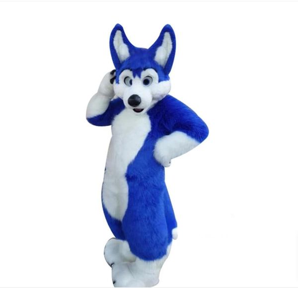 Costume da mascotte di volpe di cane Husky in pelliccia lunga blu Giacca di pelle Costume da festa di Natale di Halloween Costume da festa Carnevale Taglia per adulti