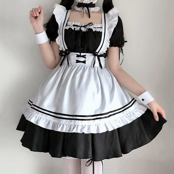 Fantasia tema feminino de empregada de empregada anime anime vestido longo vestido preto e branco