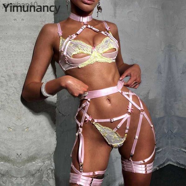 Slip Mutandine Yimunancy Set di lingerie in pizzo a 3 pezzi Donna Cut Out 5 colori Ricamo Set erotico floreale Fasciatura rosa Kit slip sexy L230518