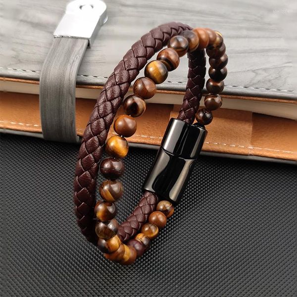 Bracelets de charme calças calças amarelas naturais Pulseira de miçangas de pedra para homens para homens Vintage Aço inoxidável em aço magnético Bolas