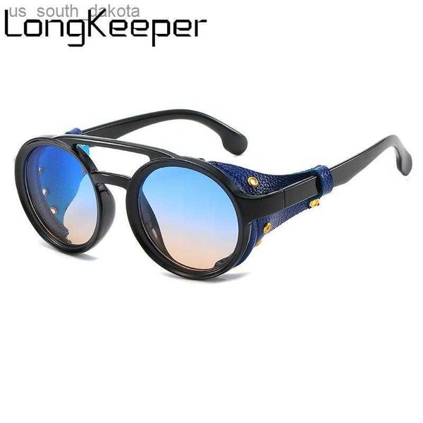 Longkeeper Retro Steampunk Yuvarlak Güneş Gözlüğü Erkekler Şık Deri Yan Kalkanlarla Güneş Gözlükleri Kadın Gölgeleri Punk Gözlükleri UV400 L230523