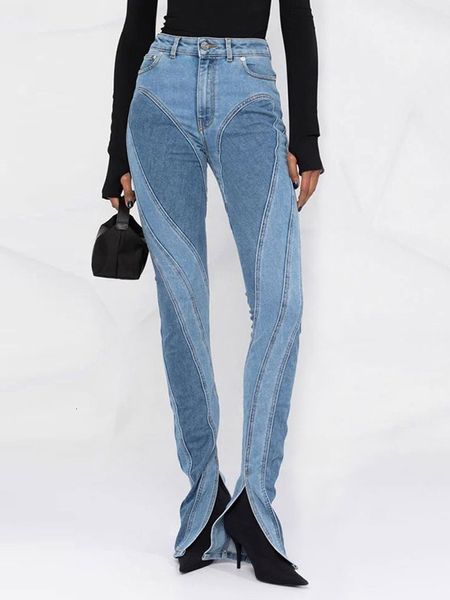 Kadın kot pantolon tasarım patchworkwomens pantolon sonbahar moda ince fit yapısız patchwork yüksek bel bölünmüş mavi uzun 230530