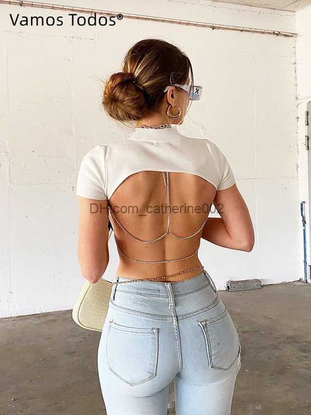 T-shirt da donna T-shirt bianche per le donne Top sexy Asimmetrico Backless Y2k Abiti estetici Maniche corte E Girl Streetwear T-shirt con catena T230531