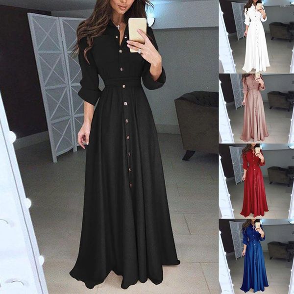 Lässige Kleider im Sommer für Damen, Übergröße, Maxi-Shirt, langärmelig, einreihiges Kleid, Revers, Vestidos Para Mujer