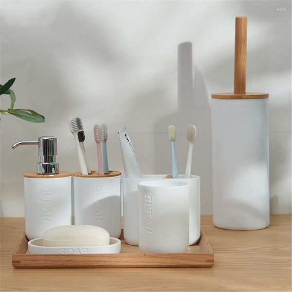 Conjunto de acessórios de banho 6pcs/configuração branca de bambu de bambu líquido escova de vaso sanitário e lixo de lixo de lixo banheiro plástico de plástico de banheiro moderno