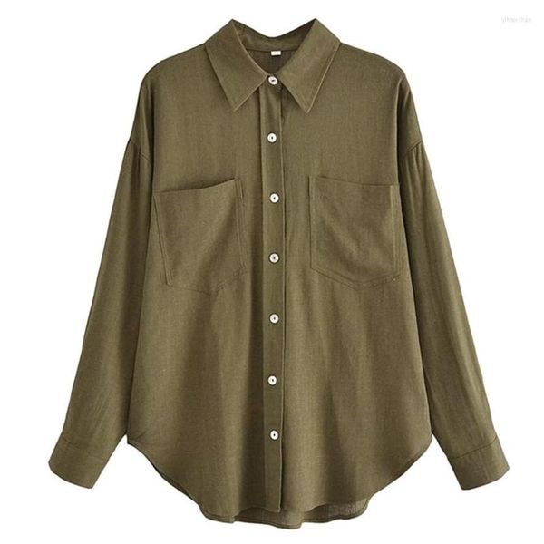 Blusas femininas Maxdutti Bouse Mulheres Estilo Country Combinente Casual Camisa Camisa Exército Verde Colo Sólido Fashionr Pocket Ladies Top