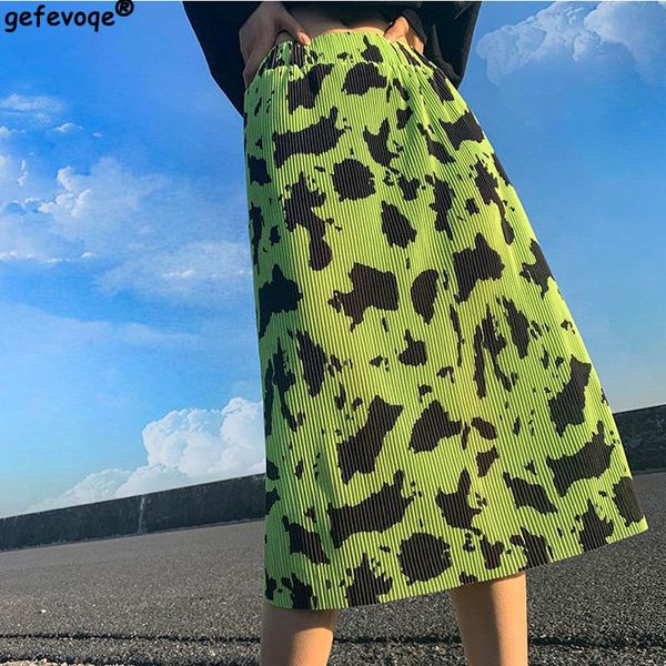 Vestidos contraste cor fluorescente verde leopardo impressão saia feminina primavera verão plissado tubo reto fino cintura alta aline saias