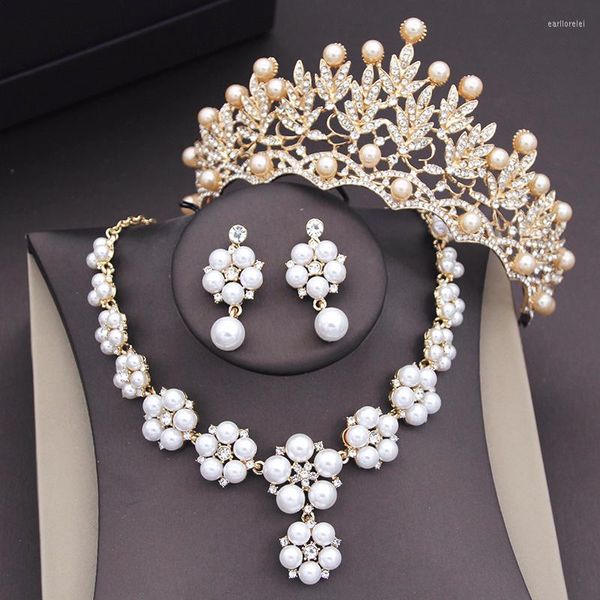 Collana Orecchini Set Colori oro Corona di fiori Set di perle per le donne Gioielli da sposa Diademi da sposa Accessori per la sposa