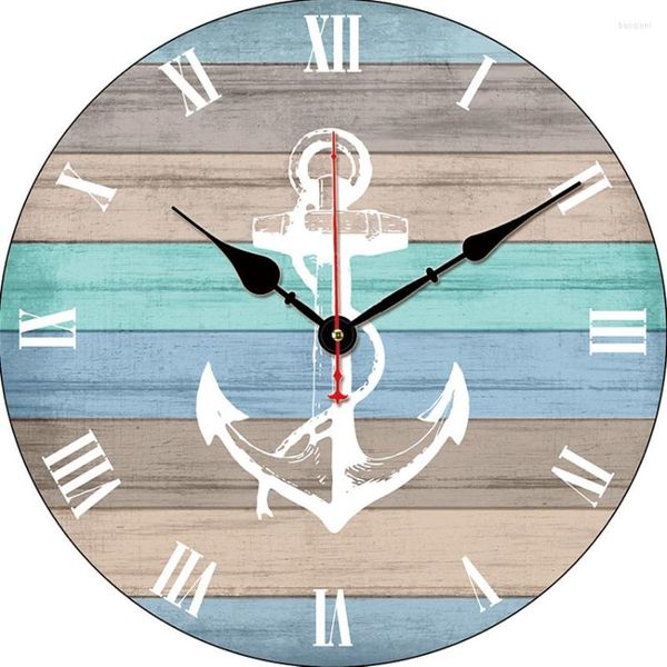 Настенные часы декоративные домашние часы синие деревянные полоса белый морской якорь Морская тема часы Duvar Saati Teen Room