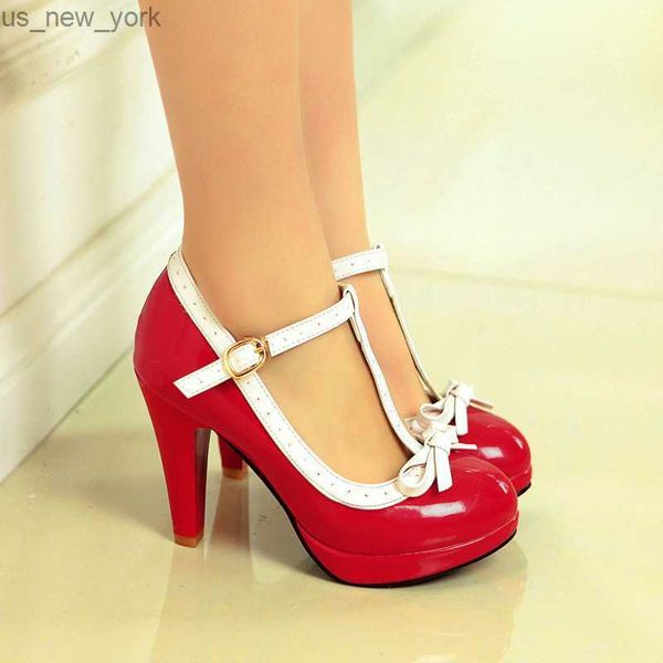 Отсуть обувь Ymechic Princess Lolita Mary Jane Shoes Women High Heels Red White Bowtie Ladies Lummer Strap Spik