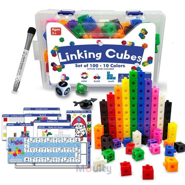 Quebra-cabeças Moulty Linking Cubos de matemática com cartões de atividades Definir blocos de números Contando brinquedos Contadores de cubos de pressão para crianças aprenderem 230530