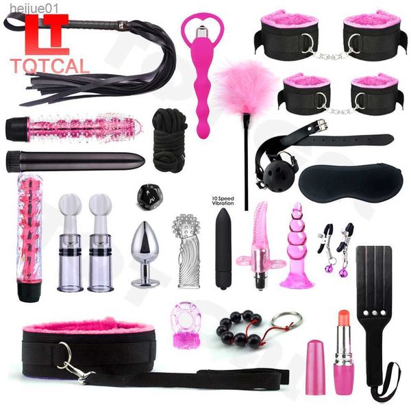 Toys adultos bdsm adultos jogos de sexo bondage conjunto de algemas chicote de chicote de plugue anal brinquedos de sexo vibrador para mulheres acessórios eróticos L230518