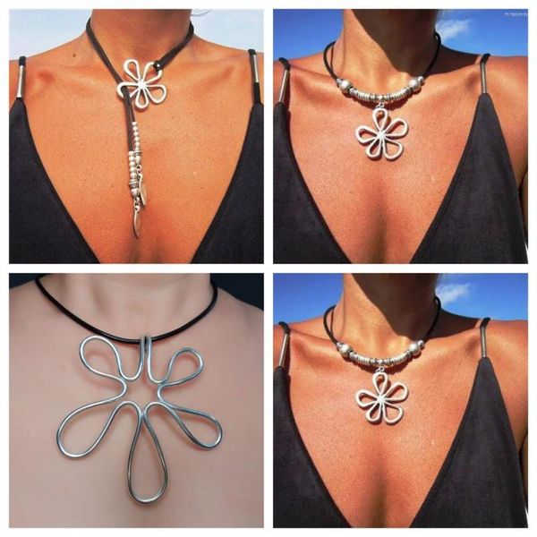 Halsband Vintage Boho Metall Übertriebene Silber Farbe Blume Anhänger Halsketten Für Frauen INS Verkauf Lederband Perlen Party Geschenk