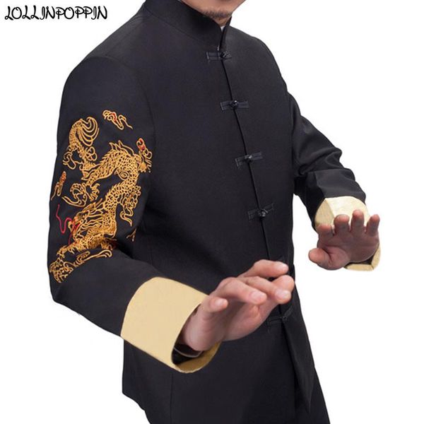 Blazers estilo chinês tradicional masculino túnica terno jaqueta oriental dragão bordado sapo encerramento gola mandarim masculino terno preto jaqueta