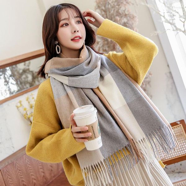 Lenços lenço de inverno de outono para mulheres moda bufandas mole coreana mulher xadrez quente borlas com xales grandes e envoltórios pashmina