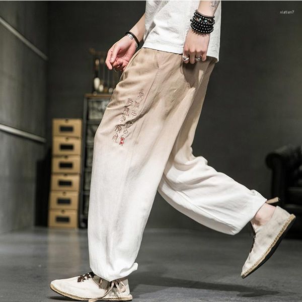 Pantaloni da uomo Stile 2023 Estate cinese Sottile Plus Size Ricamo Cotone Lino Casual Maschile Colore sfumato Pantaloni larghi Abbigliamento uomo