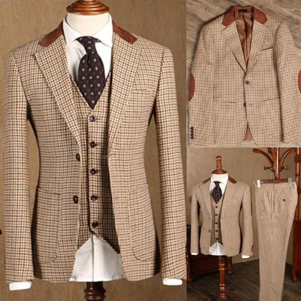 Herrenanzüge 2023 Brauner klassischer karierter Tweed-Herrenanzug Modegeschäft Slim Fit dreiteiliger Bräutigam Hochzeit formelles Kleid Jacke Weste Hose