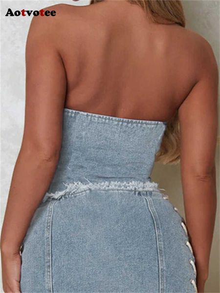 Canotta in denim per donna Estate 2023 New Vintage Bandage Tassel Slim Crop Top Fashion Backless Chic Casual Jeans Tanks