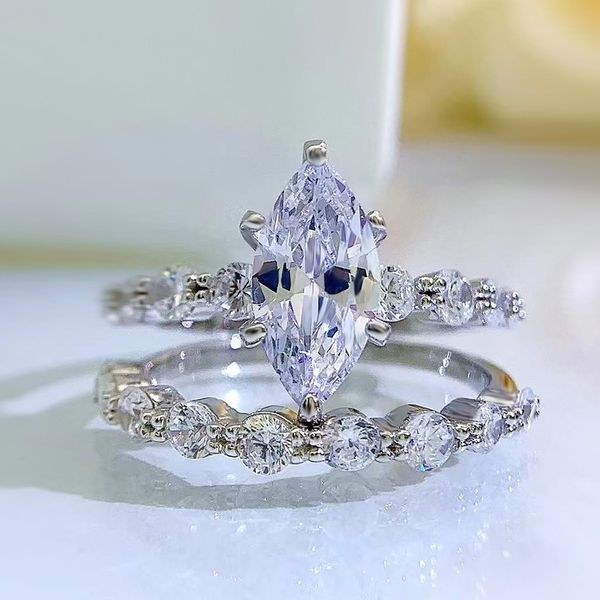 Anéis de casamento da marca Choucong Joias nobres puras 100% prata esterlina 925 Marquise Cut Natural Moissanite Diamante Gemstones Festa Eternidade Conjunto de anel de noivado feminino