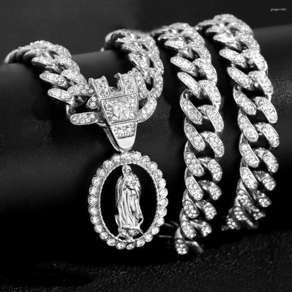 Anhänger Halsketten Hip Hop Männer Frauen Jungfrau Maria Cuban Link Halskette Iced Out Ketten Zirkon Kette Edelstahl Seil Choker schmuck