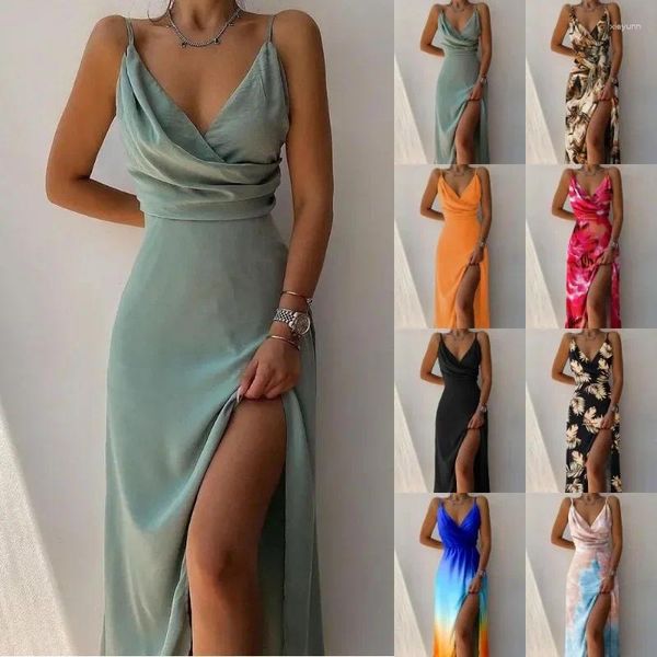 Sıradan elbiseler kadınlar yazdır Camisole v Boyun kolsuz elbise bir çizgi uzun spagetti kayışı seksi bölünmüş akşam etek balo yaz 2023