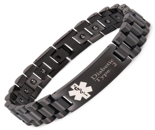 Braccialetti di allarme medico magnetici neri per uomo con 20 pezzi di ematite diabetica di tipo 2 e 1 215 cm12 mm8694492