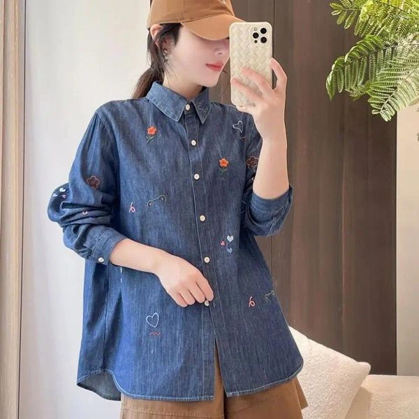 Camicette da donna Camicia di jeans cartoon Donna Autunno Primavera Moda coreana Top in denim blu a maniche lunghe per abiti da donna