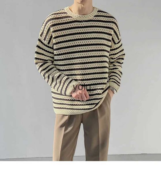 Мужские свитера 2023, зимние свободные круглые пуловеры Ne, сохраняющие тепло, шерстяные свитера, модные полые повседневные полосатые вязаные пальто бежевого цвета M-XLyolq