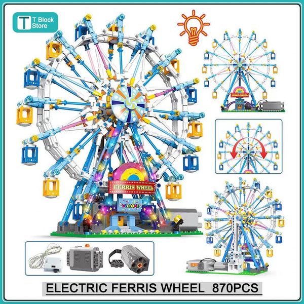 Kerstspeelgoedbenodigdheden 870 stuks Elektrisch roterend reuzenrad met lichtbouwstenen Stad Vrienden MOC Bakstenen Speelgoed voor kinderen Kerstcadeaus 231129